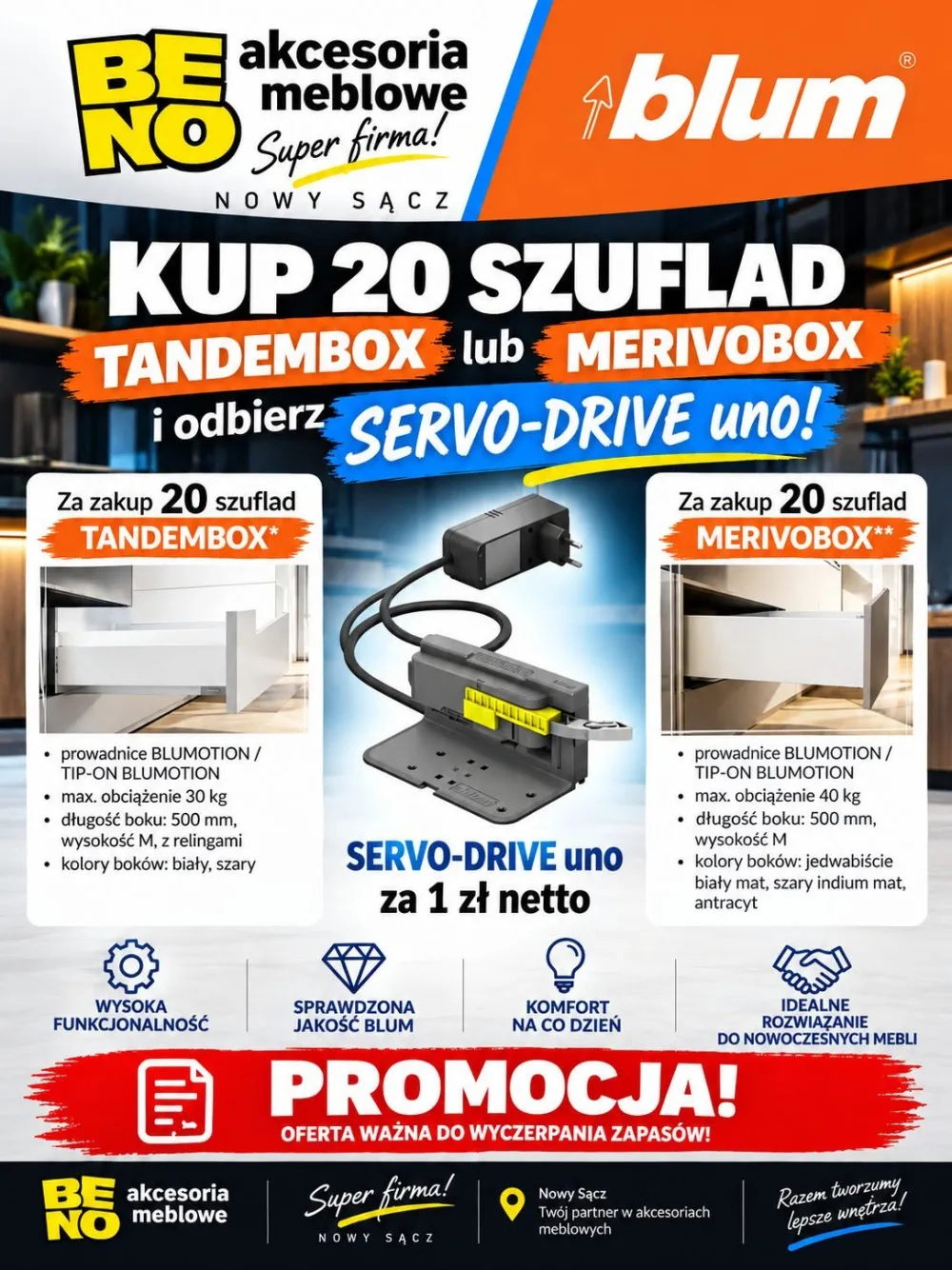 Promocja BENO i Blum: kup 20 szuflad TANDEMBOX lub MERIVOBOX i odbierz SERVO-DRIVE uno za 1 zł netto. Oferta ważna do wyczerpania zapasów.